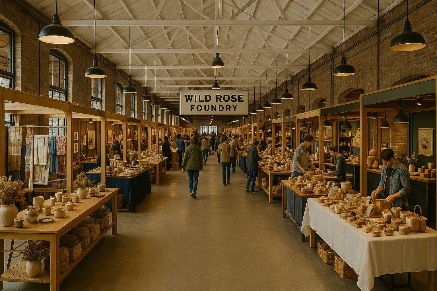 Interior of the Wild Rose Foundry artisan market in Alberta, showing vendors selling ceramics and handmade goods inside a warm, rustic warehouse with shoppers walking through the aisles.