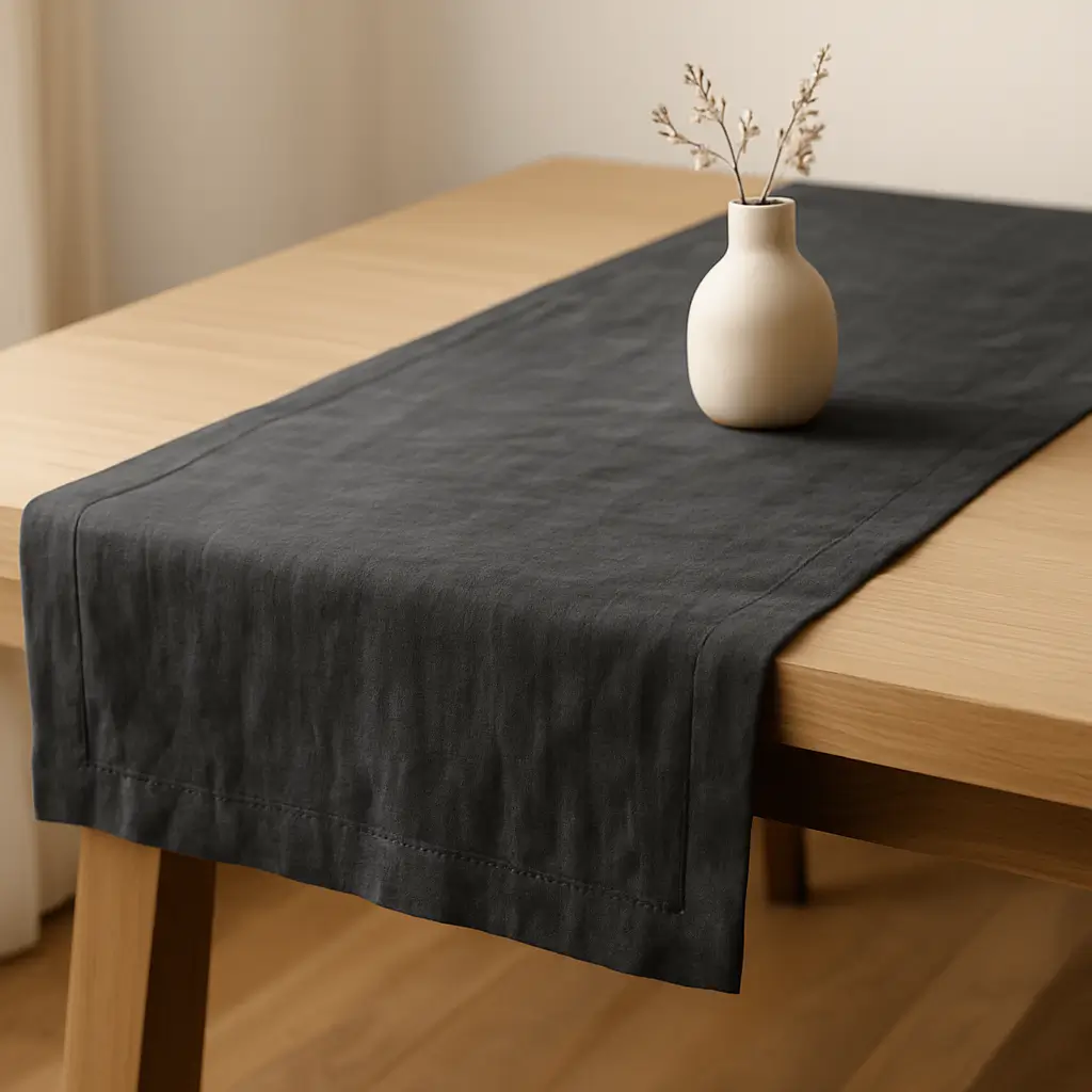 A product photo of Linen Table Runner from Hearthcraft Linens in the Charcoal colour.