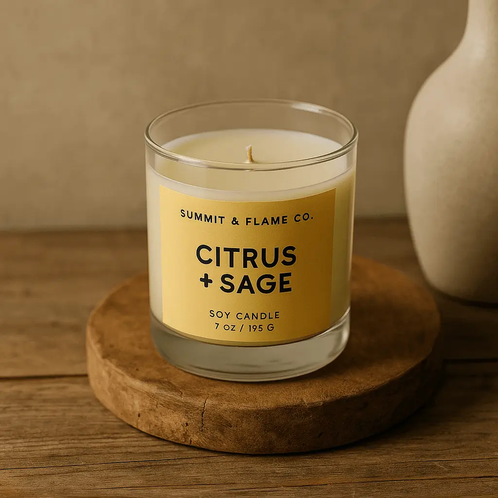 A product photo of Soy Candle (Glass Jar) from Summit & Flame Co. in the 'Citrus + Sage' scent.