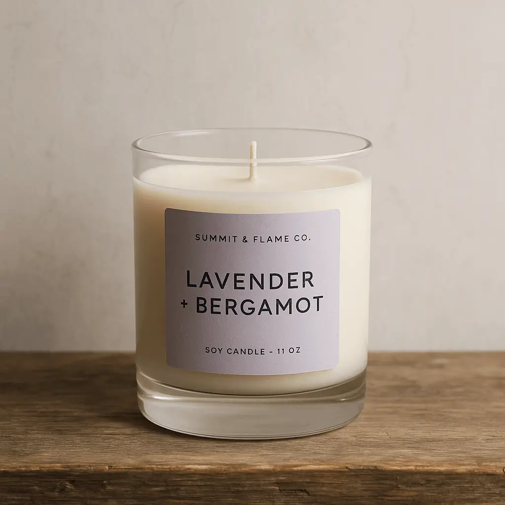 A product photo of Soy Candle (Glass Jar) from Summit & Flame Co. in the 'Lavender + Bergamot' scent.