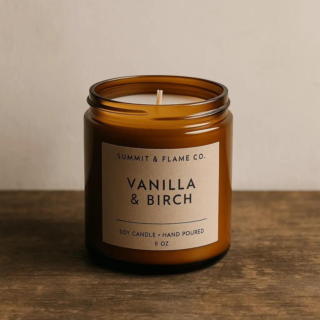 A product photo of Soy Candle (Glass Jar) from Summit & Flame Co. in the 'Vanilla + Birch' scent.