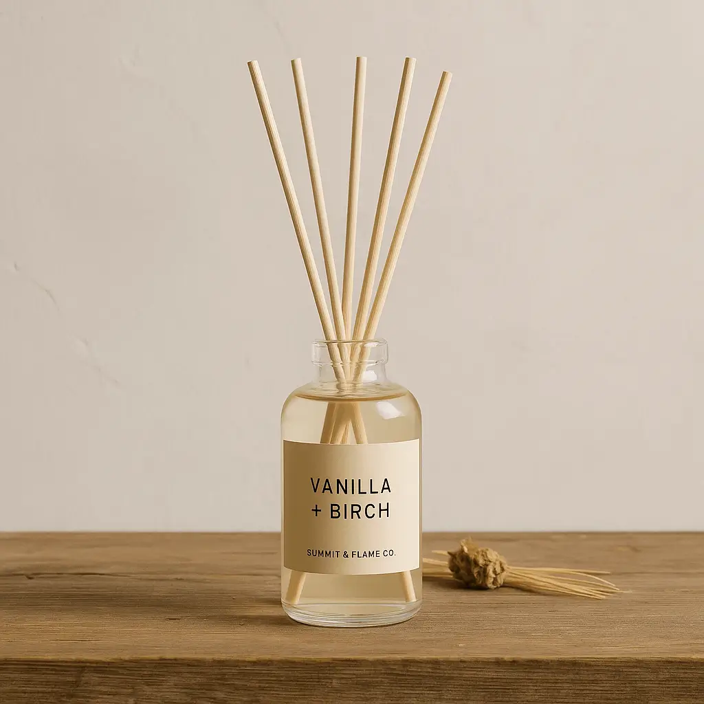 Vanilla + Birch A product photo of Reed Diffuser from Summit & Flame Co. in the 'Vanilla + Birch' scent.