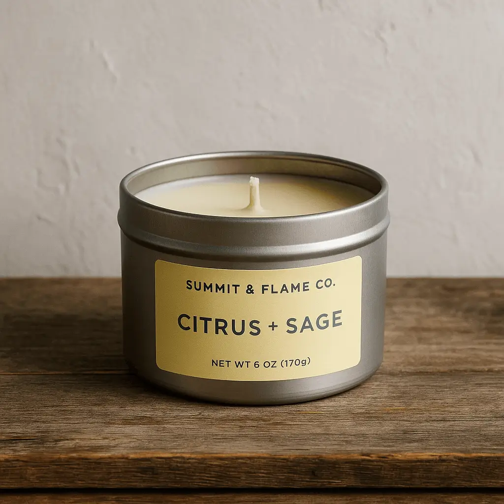 Citrus + Sage A product photo of Soy Candle (Tin) from Summit & Flame Co. in the 'Citrus + Sage' scent.