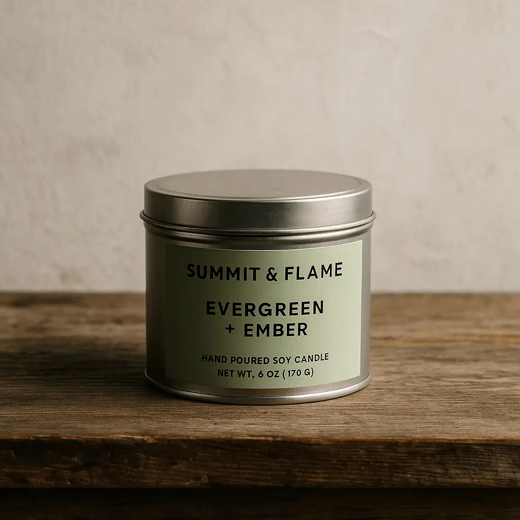 Evergreen + Ember A product photo of Soy Candle (Tin) from Summit & Flame Co. in the 'Evergreen + Ember' scent.