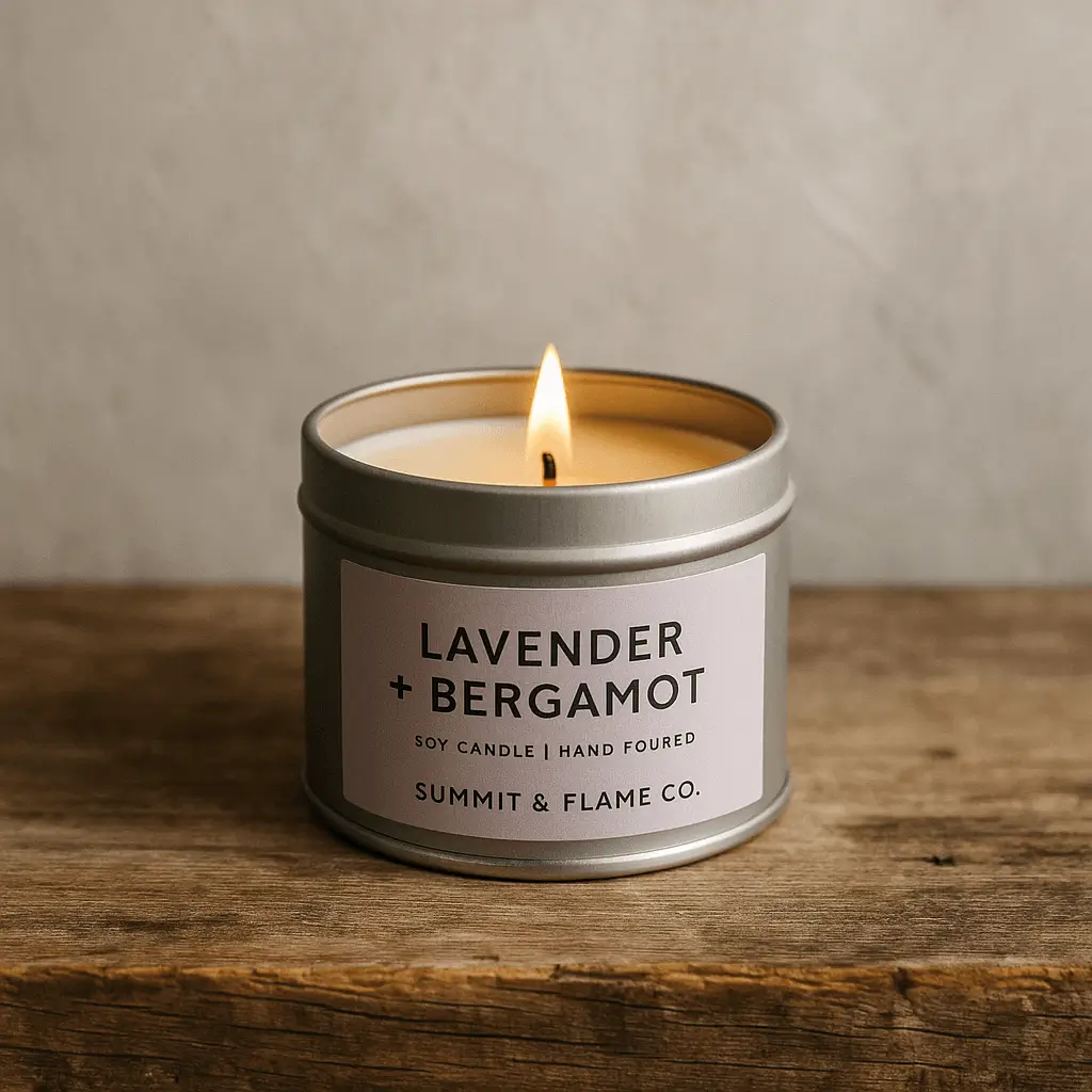 Lavender + Bergamot A product photo of Soy Candle (Tin) from Summit & Flame Co. in the 'Lavender + Bergamot' scent.