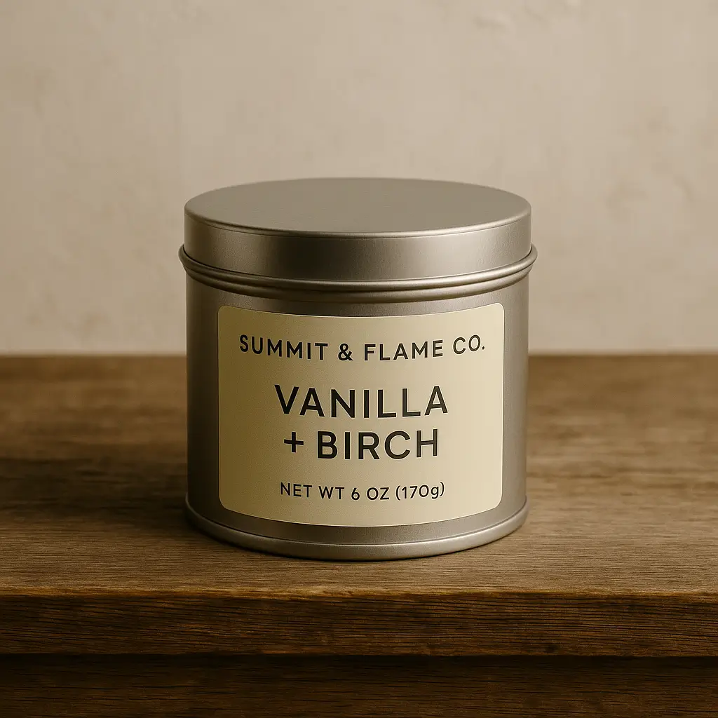 Vanilla + Birch A product photo of Soy Candle (Tin) from Summit & Flame Co. in the 'Vanilla + Birch' scent.