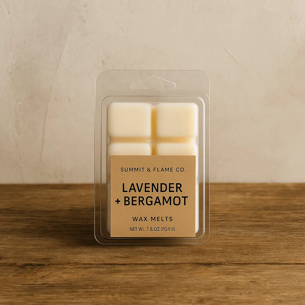 A product photo of Soy Wax Melts from Summit & Flame Co. in the 'Lavender + Bergamot' scent.