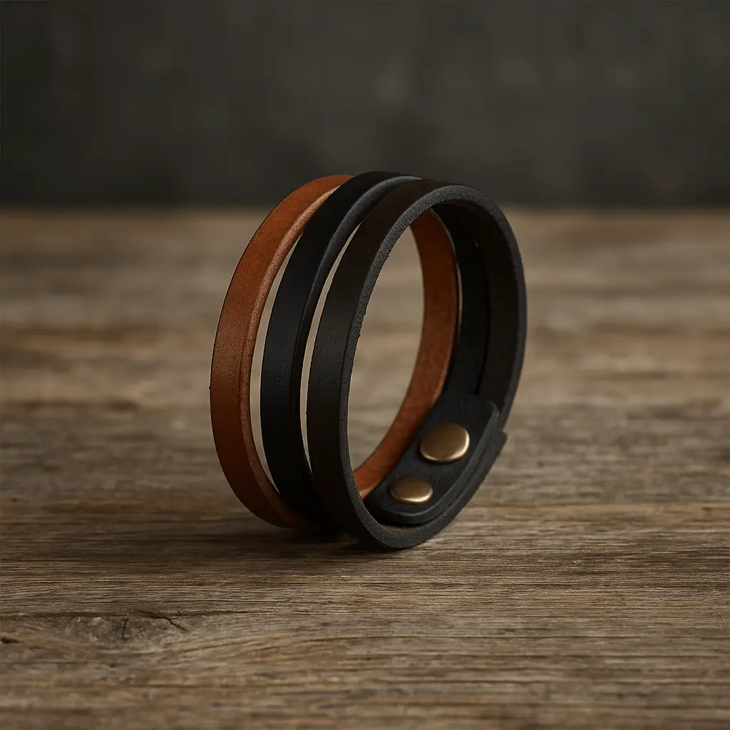 A product photo of Tri-tone Leather Wrap Bracelet from Trailhead Leatherworks.