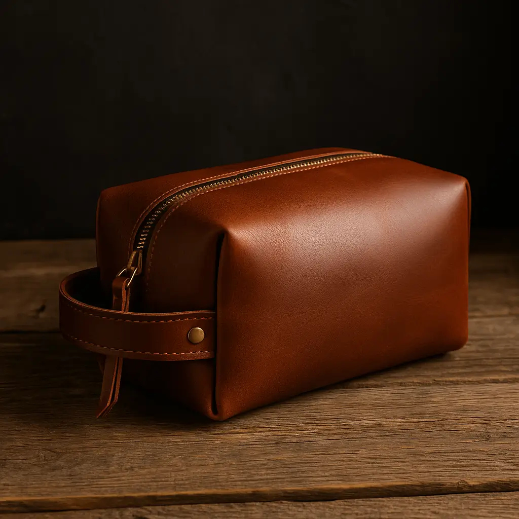 A product photo of Leather Dopp Kit from Trailhead Leatherworks.