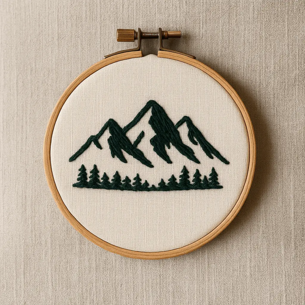 Mountain Silhouette A product photo of Embroidered Hoop Art from Thimble & Thicket featuring the 'Mountain Silhouette' motif.