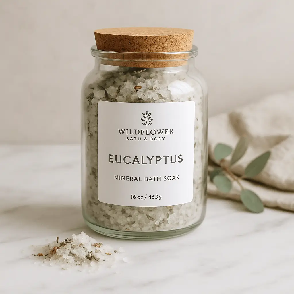 A product photo of Botanical Bath Soak from Wildflower Bath & Body in the 'Eucalyptus Mineral' scent.