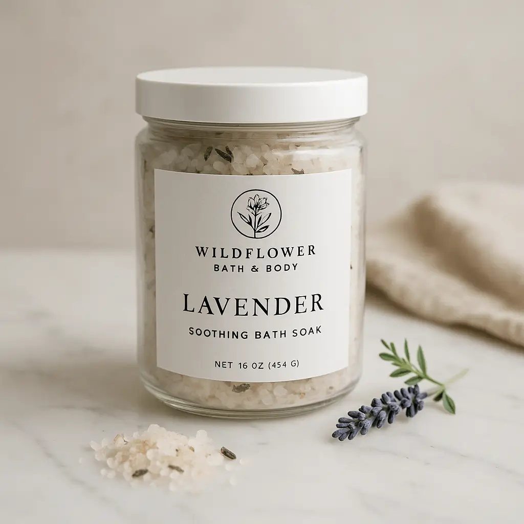 A product photo of Botanical Bath Soak from Wildflower Bath & Body in the 'Lavender Soothing' scent.