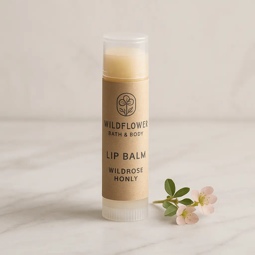 A product photo of Wildrose Honey Lip Balm from Wildflower Bath & Body.