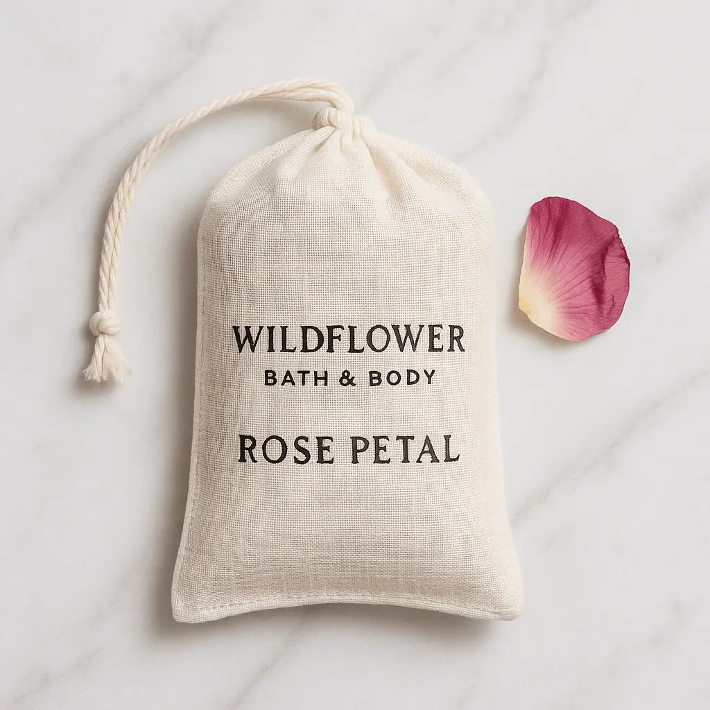 A product photo of Botanical Sachet from Wildflower Bath & Body in the 'Rose Petal' scent.