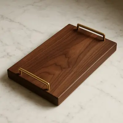 A product photo of Walnut Serving Tray with Gold Handles from Bow River Woodworks.