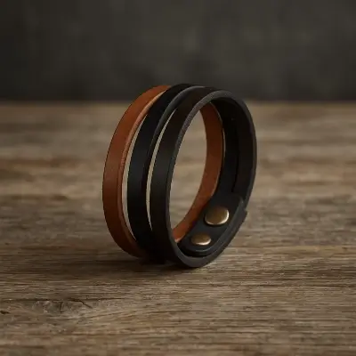 A product photo of Tri-tone Leather Wrap Bracelet from Trailhead Leatherworks.