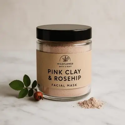 A product photo of Pink Clay & Rosehip Facial Mask from Wildflower Bath & Body.