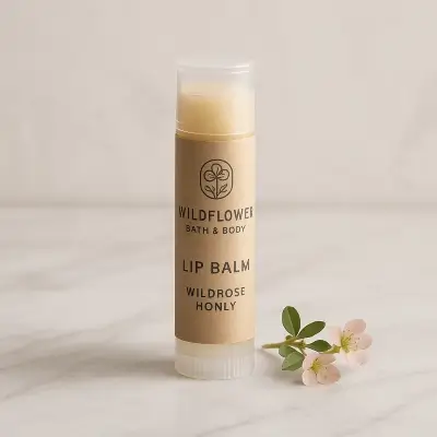 A product photo of Wildrose Honey Lip Balm from Wildflower Bath & Body.